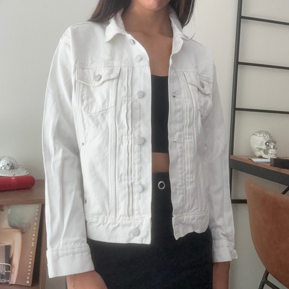 Old Navy‎ White Denim Jacket Womens Size L Button Front Long Sleeve Jean Coat - Picture 2 of 9